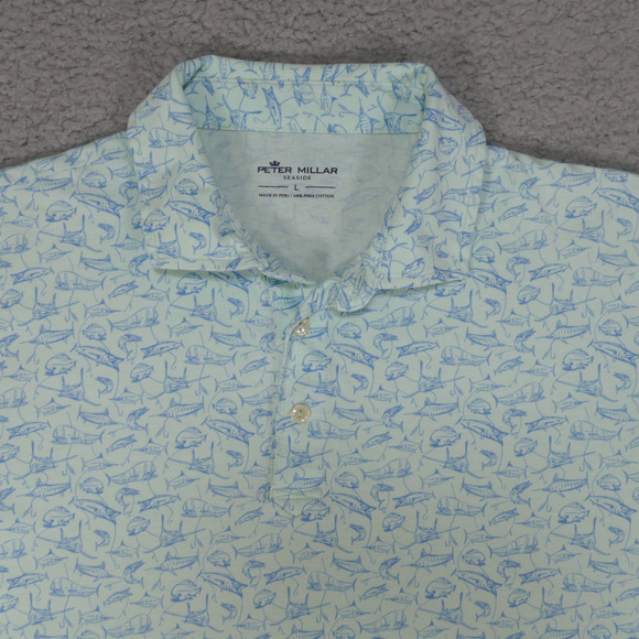 Peter Millar Golf Seaside Wash Fish Print Polo Shirt Men's Large Blue Nautical - Picture 1 of 12